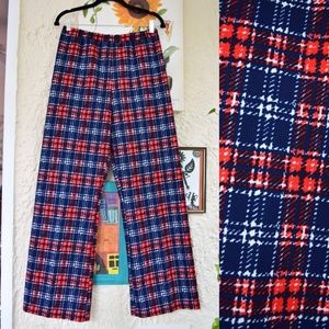 70s dark blue navy red funky plaid high waisted wide leg pants (31”)